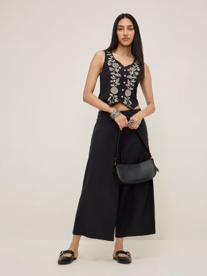 Utsa Black Floral Embroidered Waistcoat-Style Cotton-Blend Top