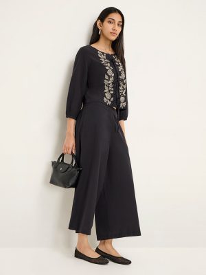 Utsa Black Floral Embroidered Cotton Ethnic Top