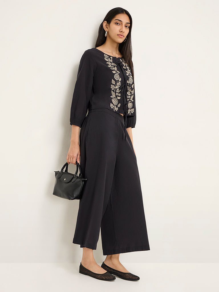 Utsa Black Floral Embroidered Cotton Ethnic Top