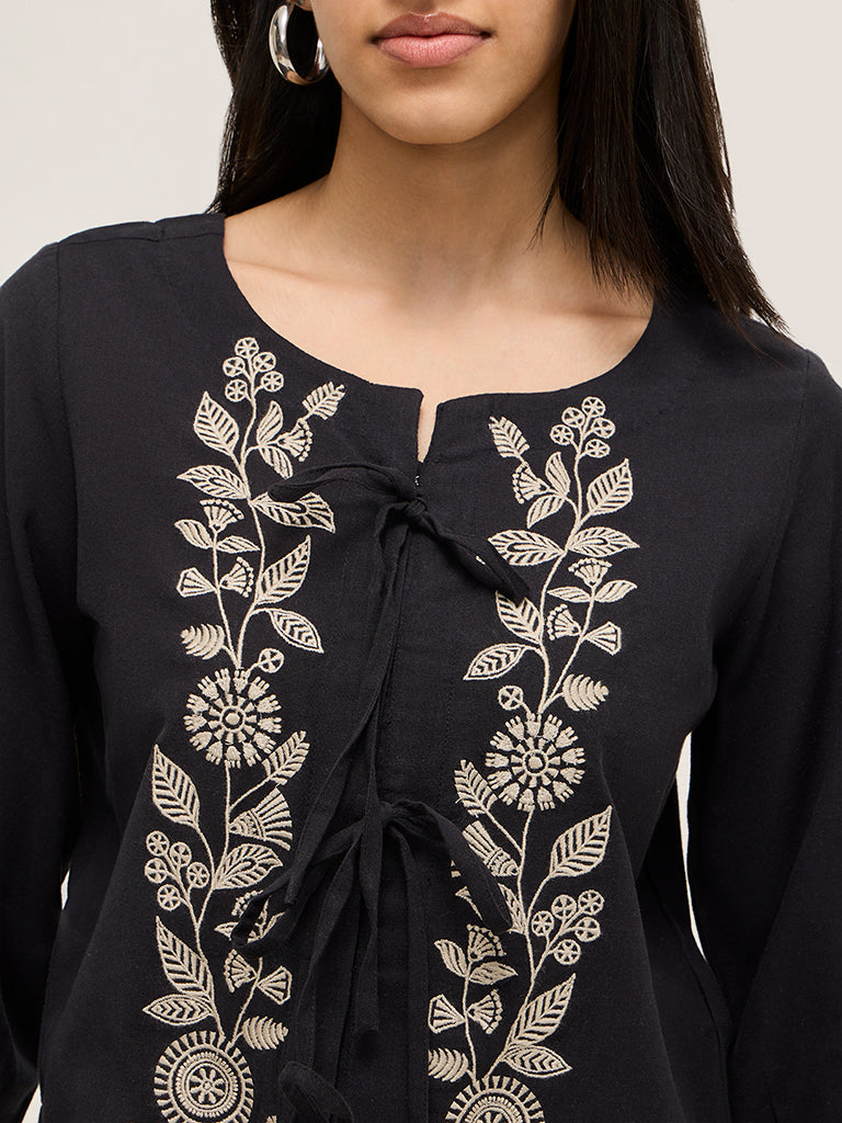 Utsa Black Floral Embroidered Cotton Ethnic Top - Image 2