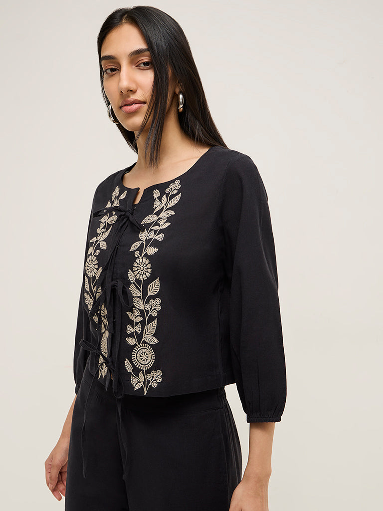 Utsa Black Floral Embroidered Cotton Ethnic Top - Image 3