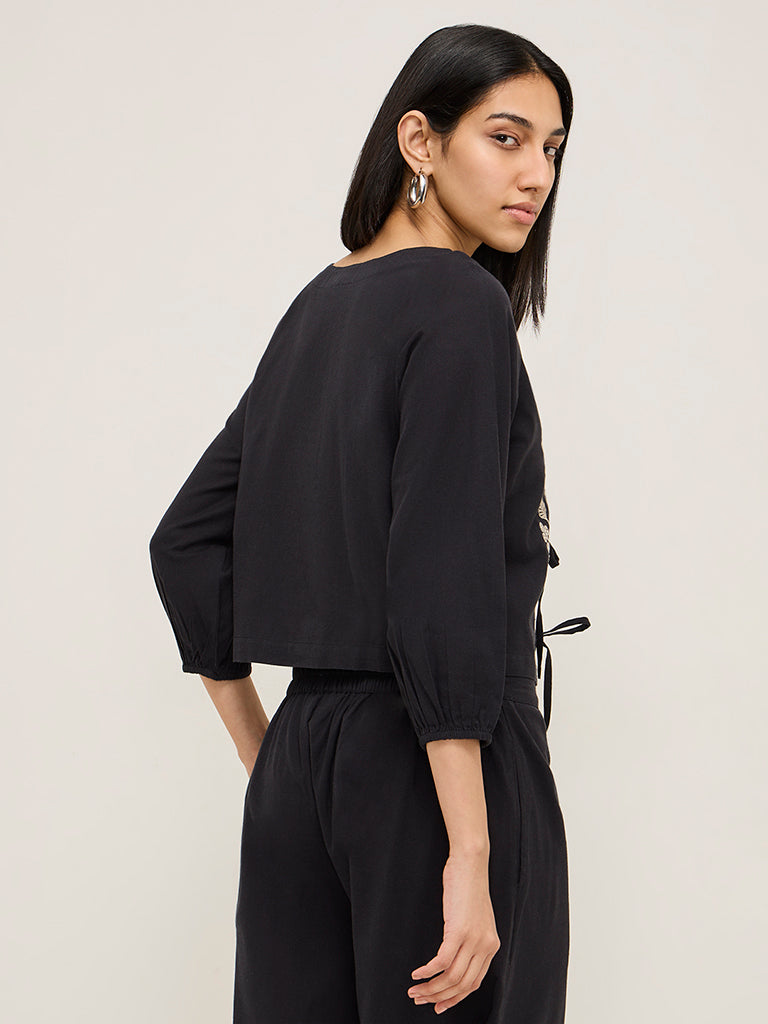 Utsa Black Floral Embroidered Cotton Ethnic Top - Image 4