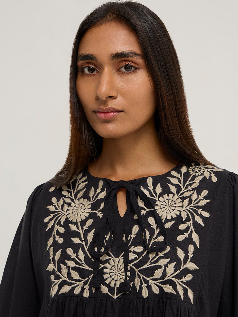 Utsa Black Floral Embroidered Tiered Cotton Dress - Image 2