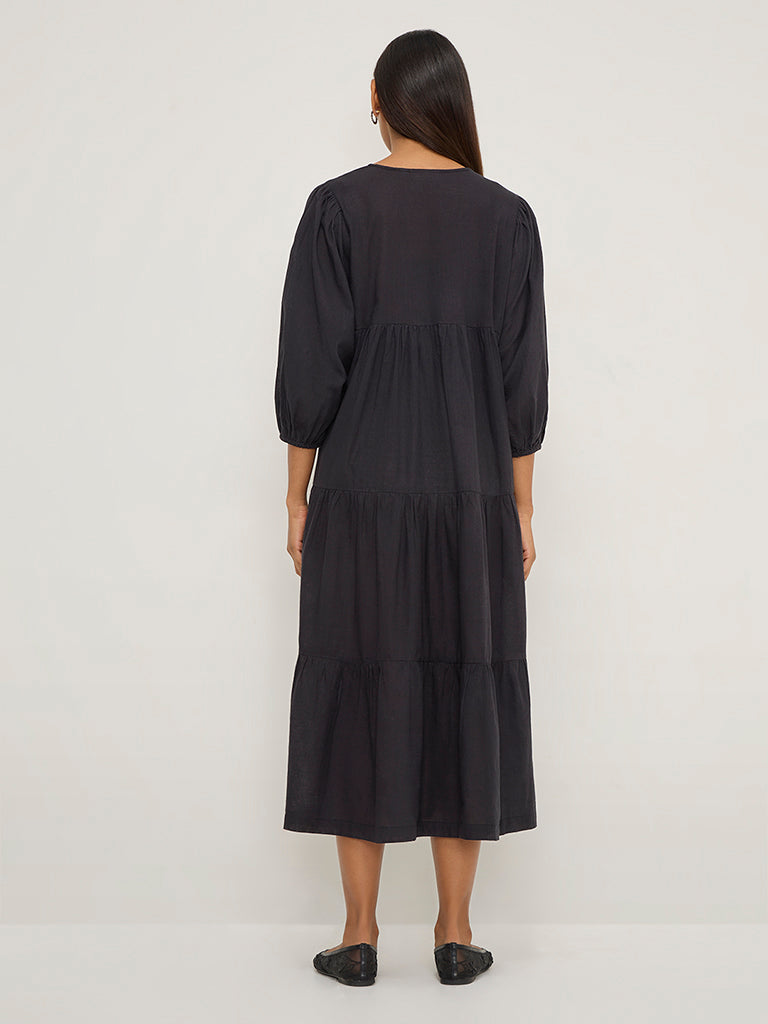 Utsa Black Floral Embroidered Tiered Cotton Dress - Image 4