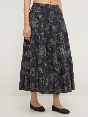 Utsa Black Botanical Printed Tiered Skirt