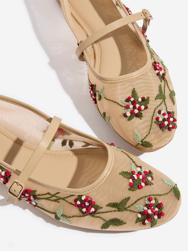 LUNA BLU Beige Floral Embroidered Mary Jane Shoes - Image 3