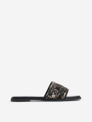 LUNA BLU Black Floral Embroidered Single Band Slides