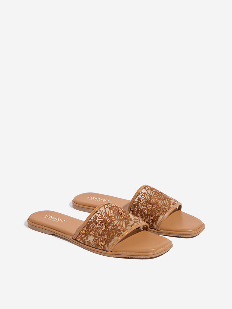 LUNA BLU Tan Floral Embroidered Single Band Slides - Image 2