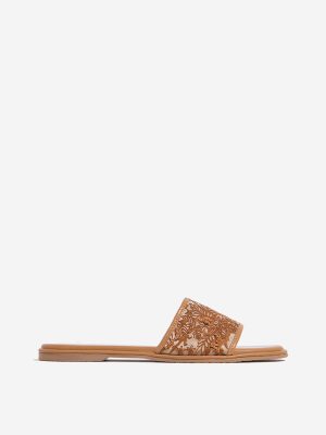 LUNA BLU Tan Floral Embroidered Single Band Slides