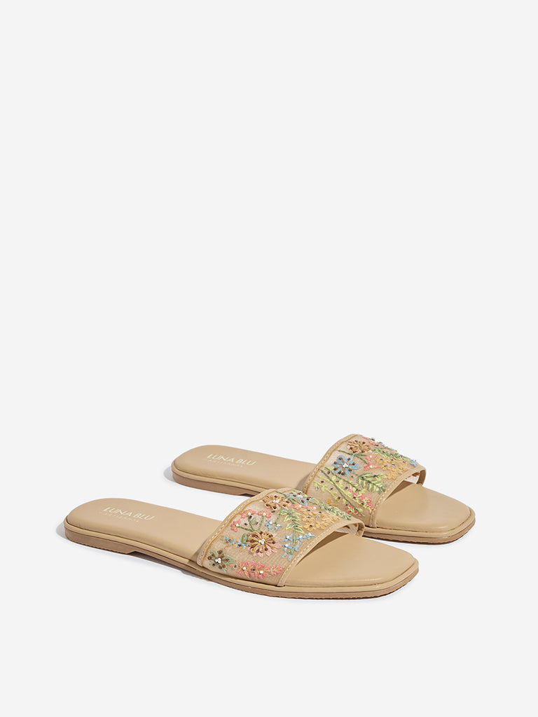 LUNA BLU Beige Floral Embellished Mesh Slides - Image 2