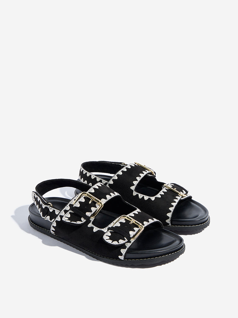 LUNA BLU Black Contrast Stitching Slip-On Sandals - Image 2