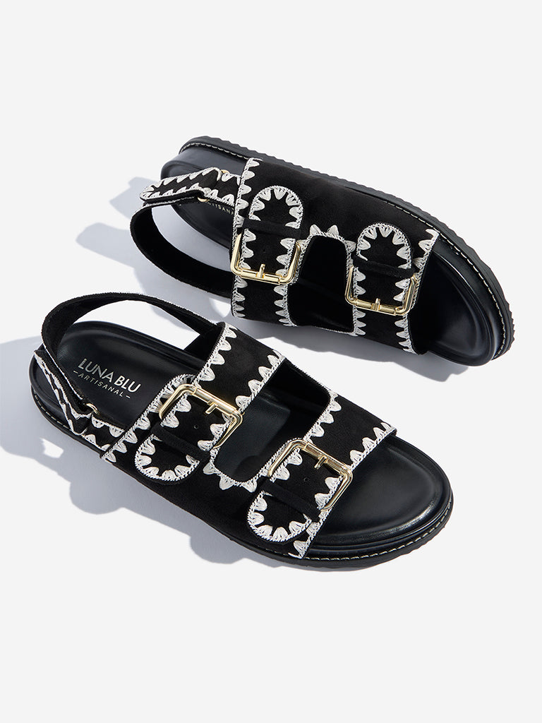 LUNA BLU Black Contrast Stitching Slip-On Sandals - Image 3