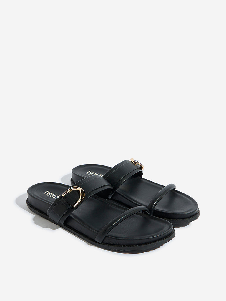 LUNA BLU Black Buckle-Detailed Comfort Slides - Image 2