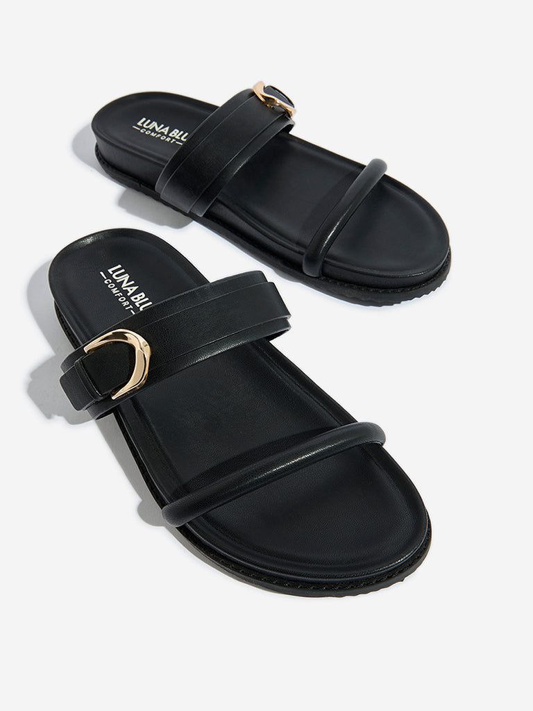 LUNA BLU Black Buckle-Detailed Comfort Slides - Image 3