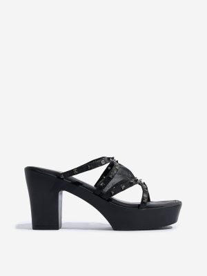 LUNA BLU Black Stud-Detailed Block-Heel Sandals