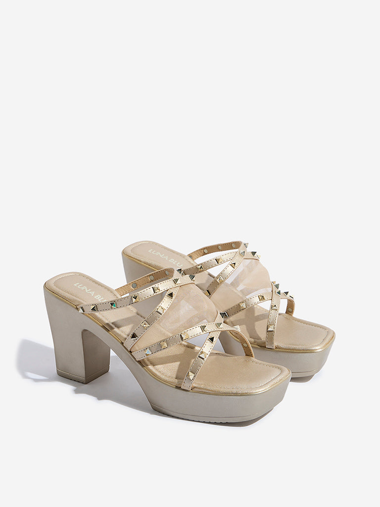 LUNA BLU Light Gold Stud-Detailed Block-Heel Sandals - Image 2