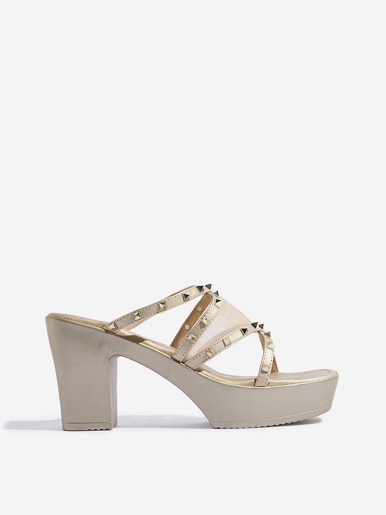 LUNA BLU Light Gold Stud-Detailed Block-Heel Sandals