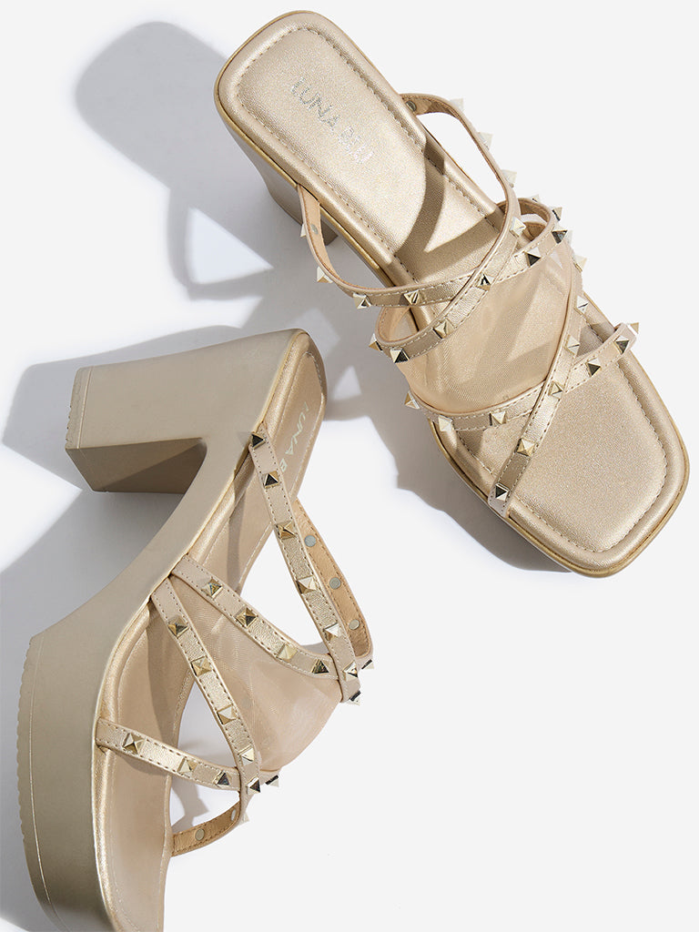 LUNA BLU Light Gold Stud-Detailed Block-Heel Sandals - Image 3