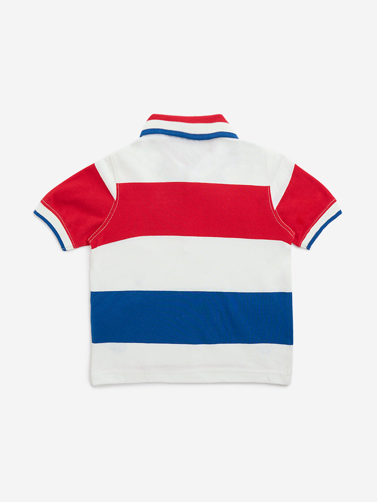 HOP Kids Red Colour-Blocked Cotton Polo T-Shirt - Image 2