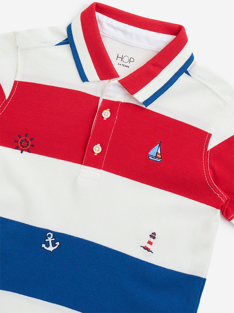 HOP Kids Red Colour-Blocked Cotton Polo T-Shirt - Image 3