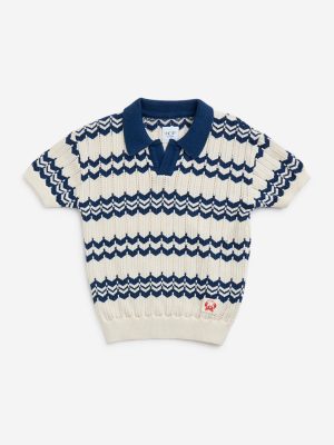 HOP Kids Navy Knit-Textured Cotton-Blend T-Shirt