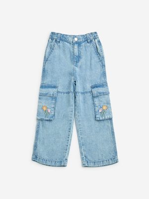 HOP Kids Light Blue Embroidered Straight-Fit High-Rise Jeans