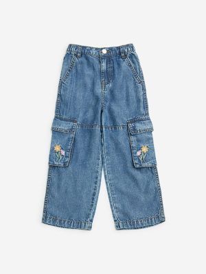 HOP Kids Blue Floral Embroidered Straight-Fit High-Rise Jeans