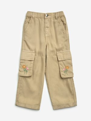 HOP Kids Beige Embroidered Straight-Fit High-Rise Jeans