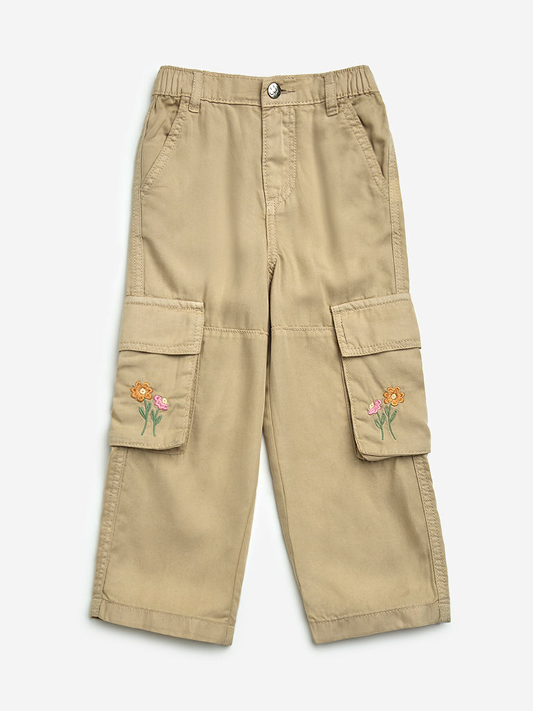 HOP Kids Beige Embroidered Straight-Fit High-Rise Jeans