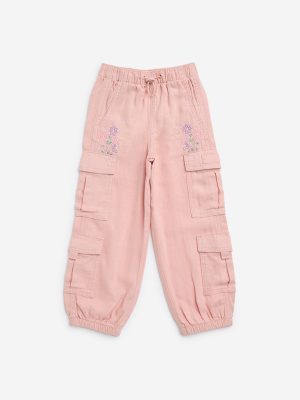 HOP Kids Pink Floral Embroidered High-Rise Joggers