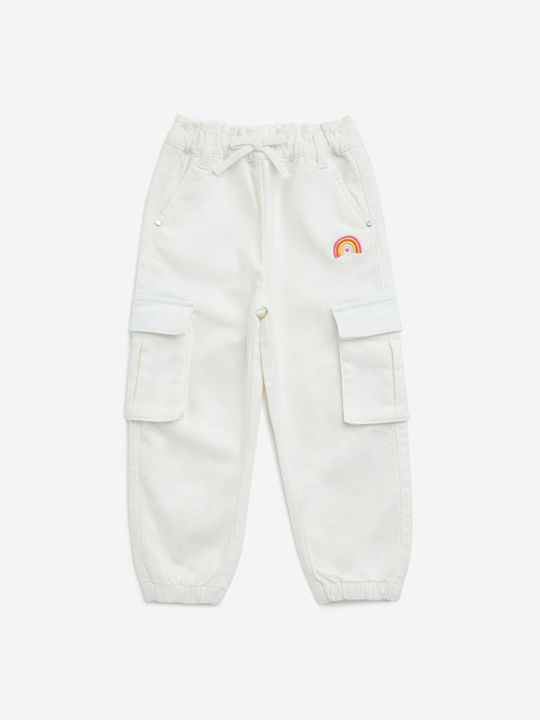 HOP Kids White Mid-Rise Cargo-Style Cotton-Blend Joggers