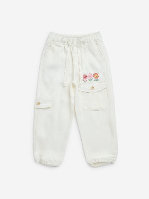 HOP Kids White Floral Embroidered High-Rise Joggers