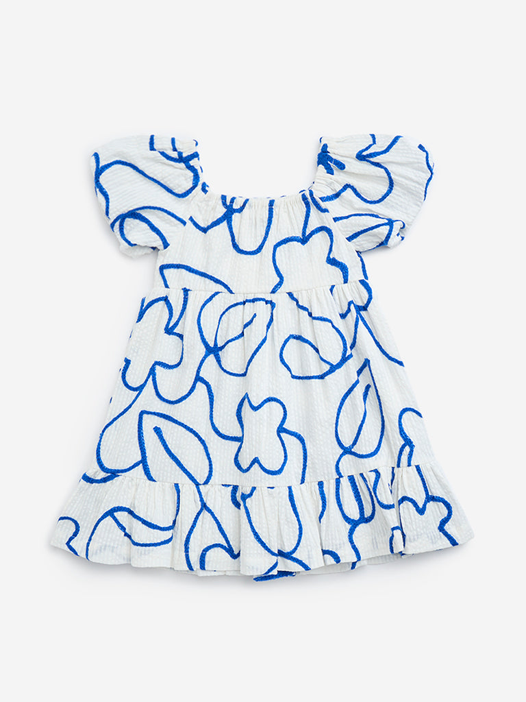 HOP Kids White & Blue Floral Cotton Dress - Image 2