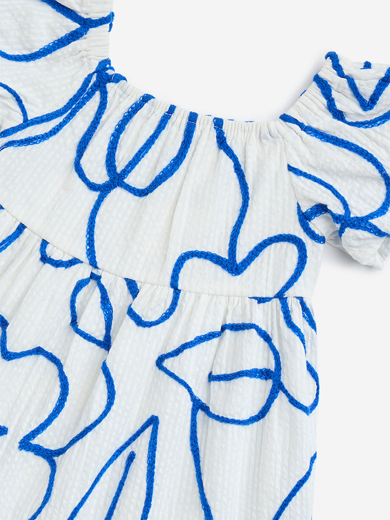 HOP Kids White & Blue Floral Cotton Dress - Image 3