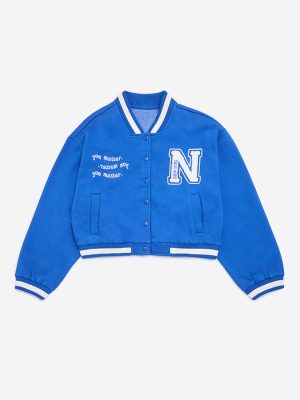 Y&F Kids Blue Cityscape Design Cotton-Blend Varsity Jacket