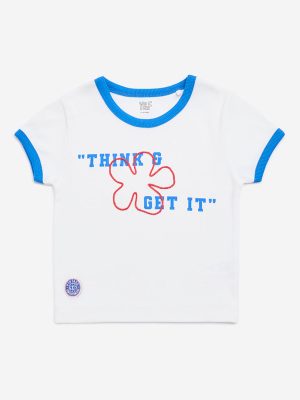 Y&F Kids White Text Design Ribbed Cotton-Blend T-Shirt