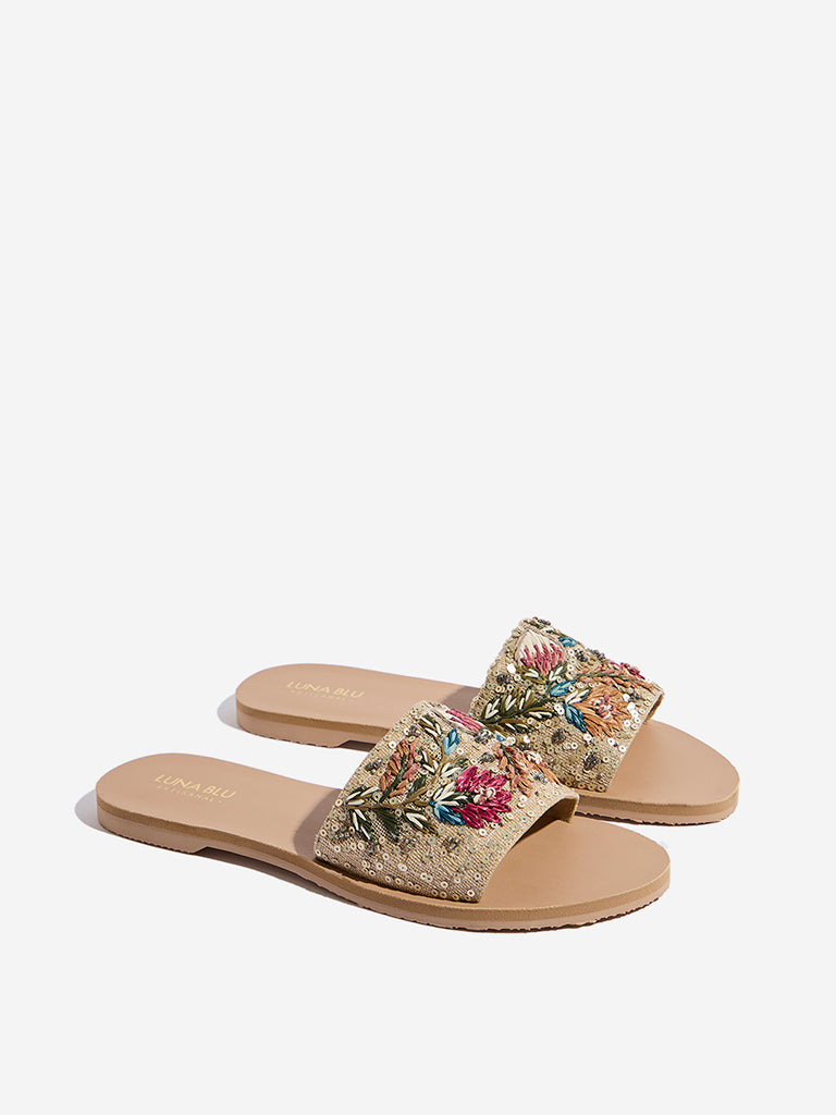 LUNA BLU Light Gold Floral Embroidered Raffia Slides - Image 2