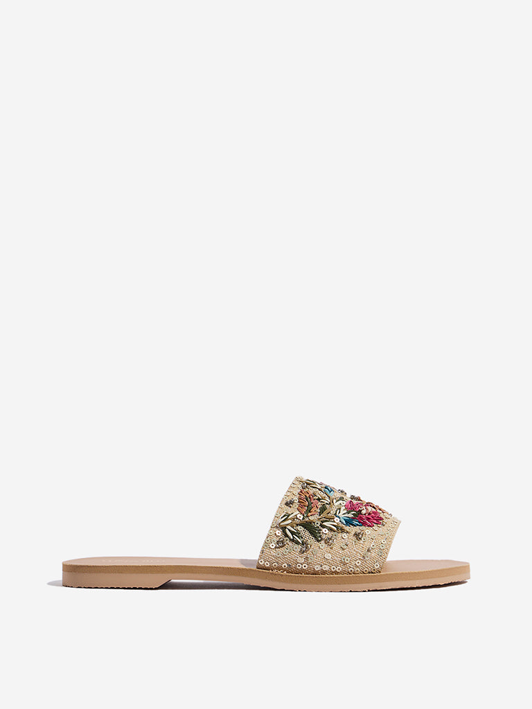LUNA BLU Light Gold Floral Embroidered Raffia Slides