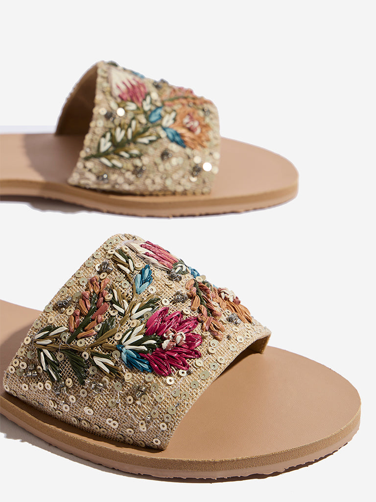 LUNA BLU Light Gold Floral Embroidered Raffia Slides - Image 3