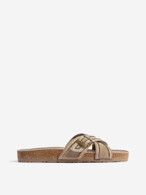 LUNA BLU Taupe Embellished Criss-Cross Strap Leather Sandals