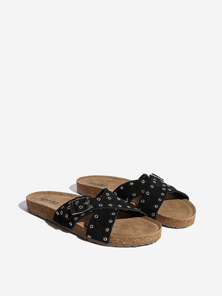 LUNA BLU Black Eyelet Cross Strap Comfort Slides - Image 2