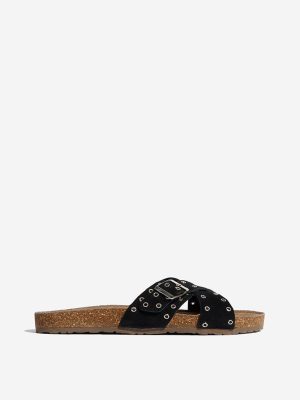 LUNA BLU Black Eyelet Cross Strap Comfort Slides