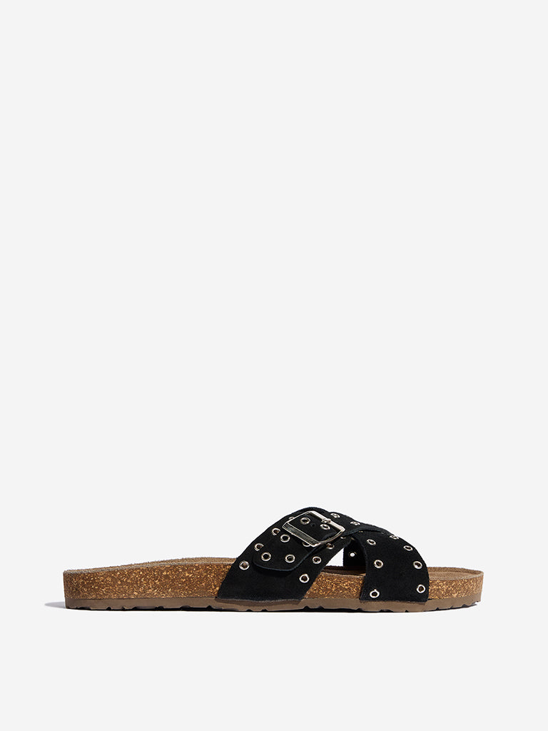 LUNA BLU Black Eyelet Cross Strap Comfort Slides