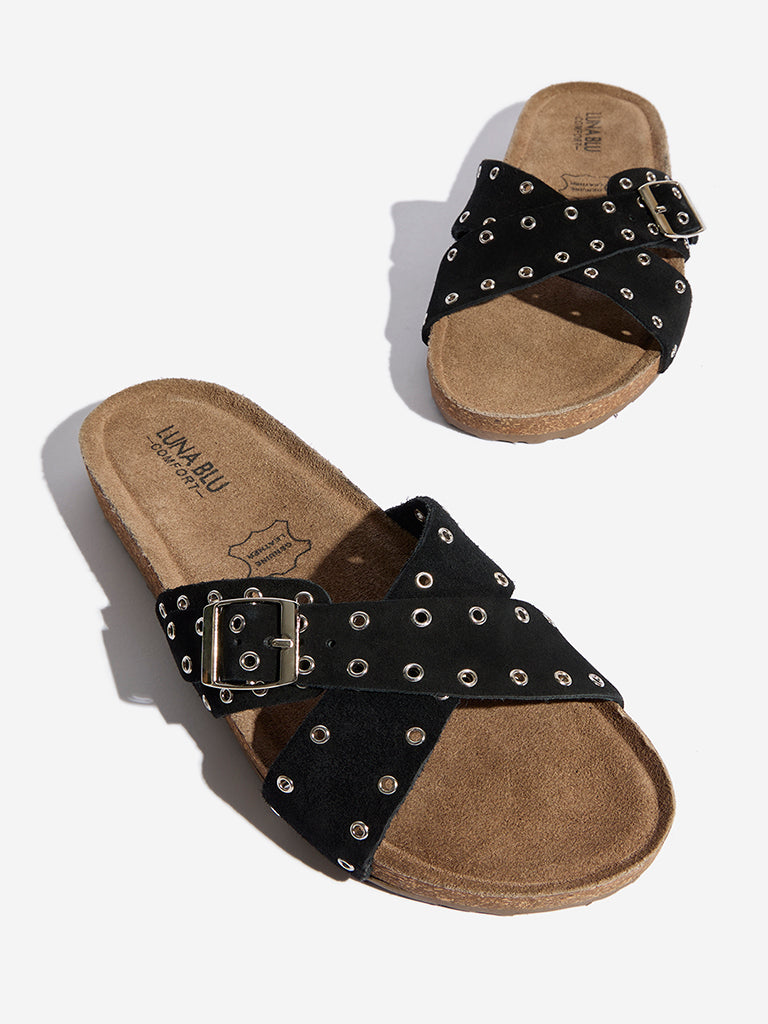 LUNA BLU Black Eyelet Cross Strap Comfort Slides - Image 3