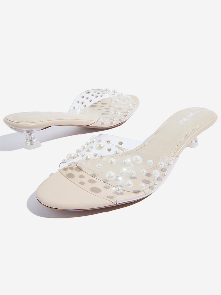 LUNA BLU Ivory Pearlescent Kitten Heel Sandals - Image 3