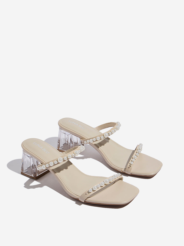 LUNA BLU Ivory Pearlescent Detailed Heel Sandals - Image 3