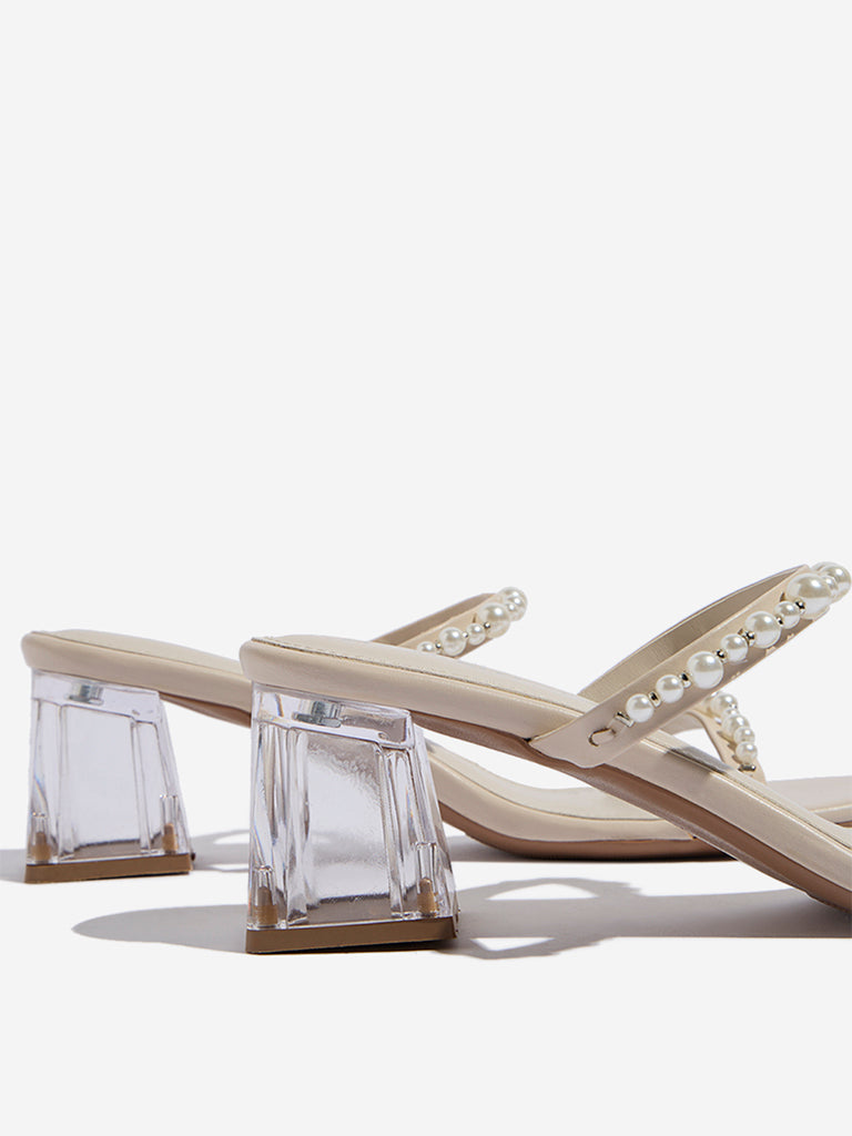 LUNA BLU Ivory Pearlescent Detailed Heel Sandals - Image 4