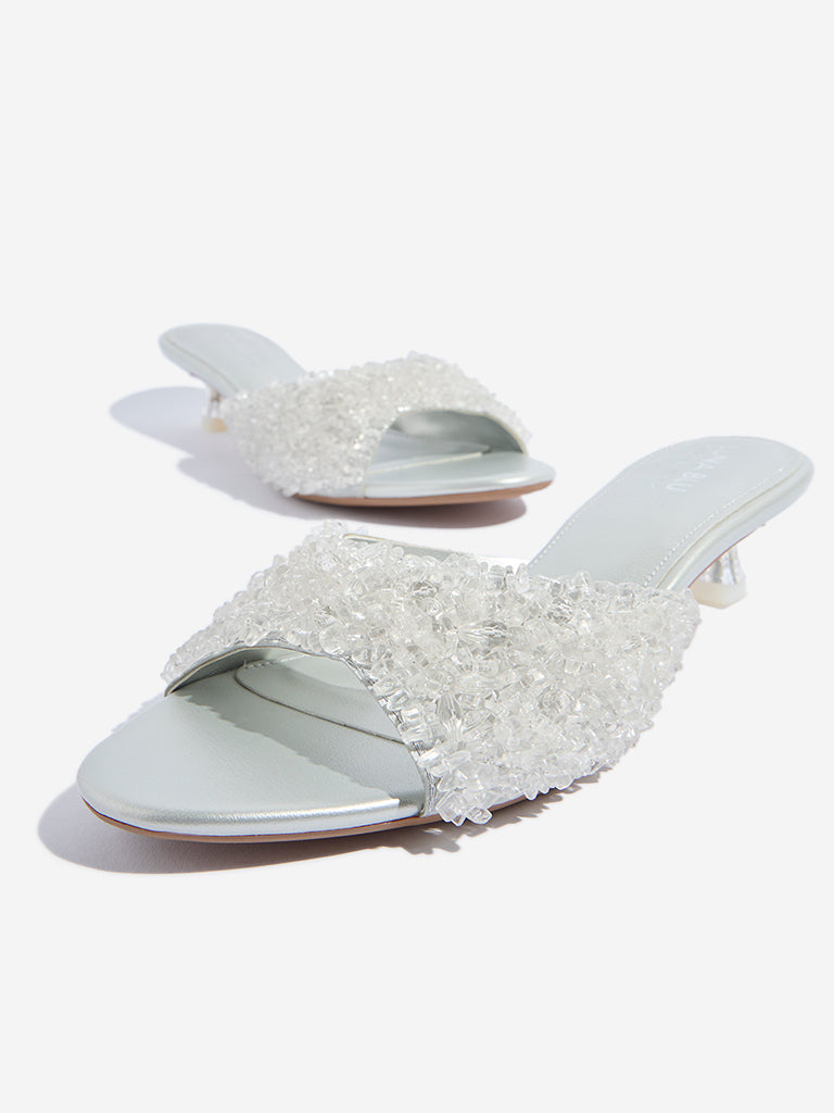 LUNA BLU Silver Embellished Peep Toe Sandals - Image 3