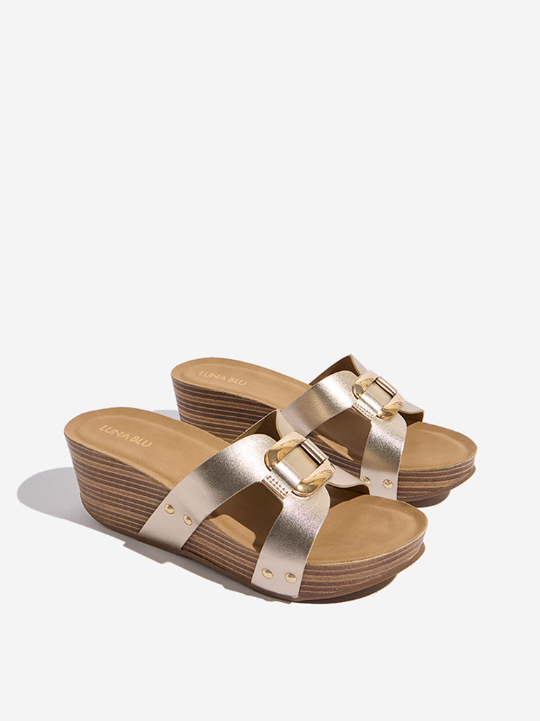 LUNA BLU Light Gold Metal Detailed Wedge Heel Sandals - Image 2