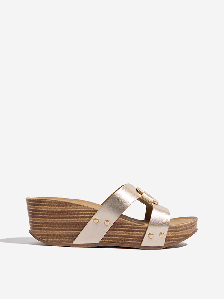 LUNA BLU Light Gold Metal Detailed Wedge Heel Sandals